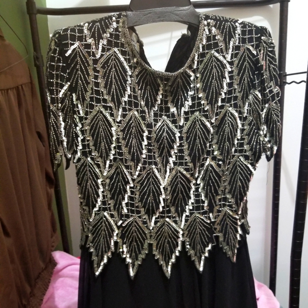 Black and silver evening dress.